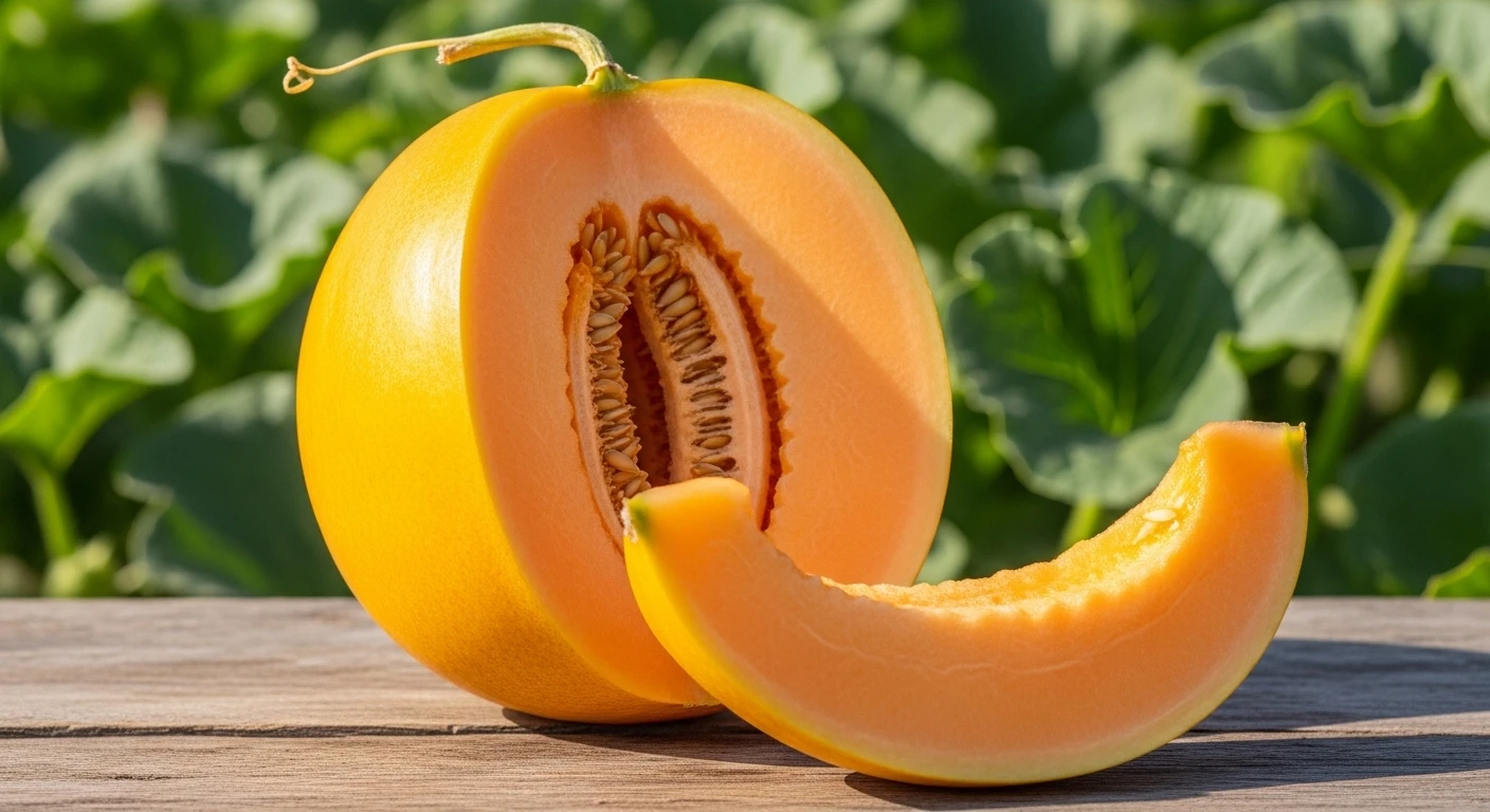 melao-amarelo-maduro-cortado Melão amarelo maduro cortado ao meio mostrando polpa suculenta colhido na horta